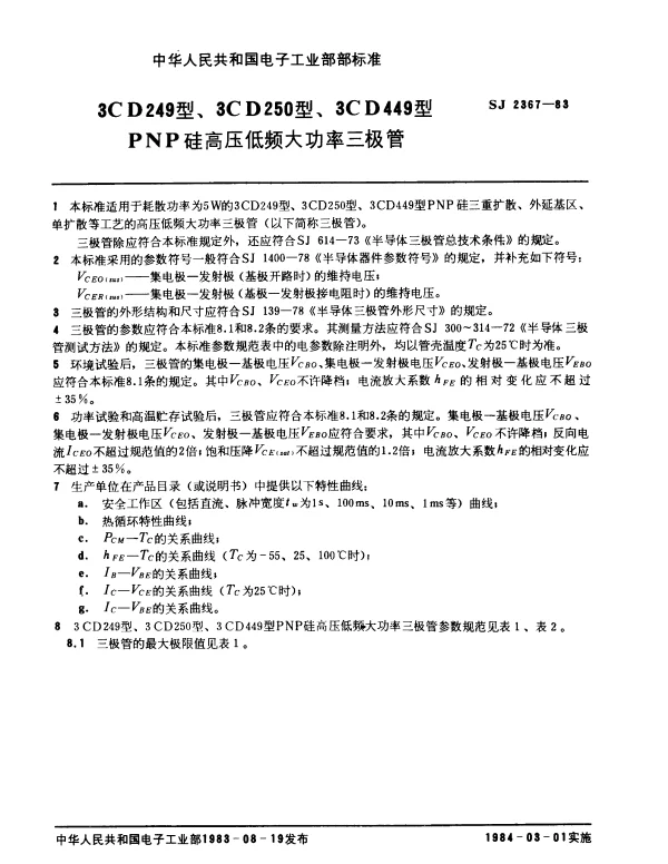 SJ 2367-1983 3CD249型、3CD250型、3CD449型PNP硅高压低频大功率三极管