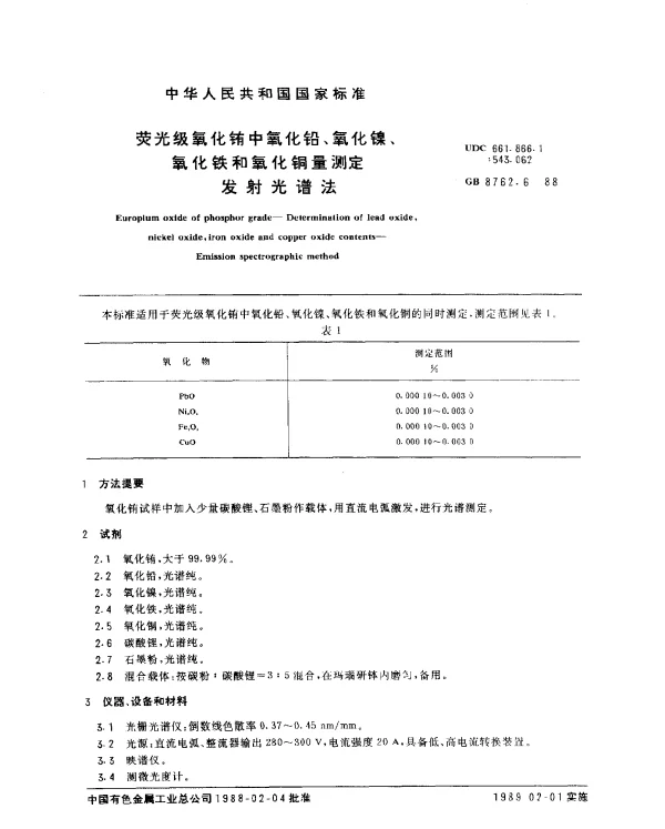 GB 8762.6-1988 荧光级氧化铕中氧化铅、氧化镍、氧化铁和氧化铜量测定 发射光谱法
