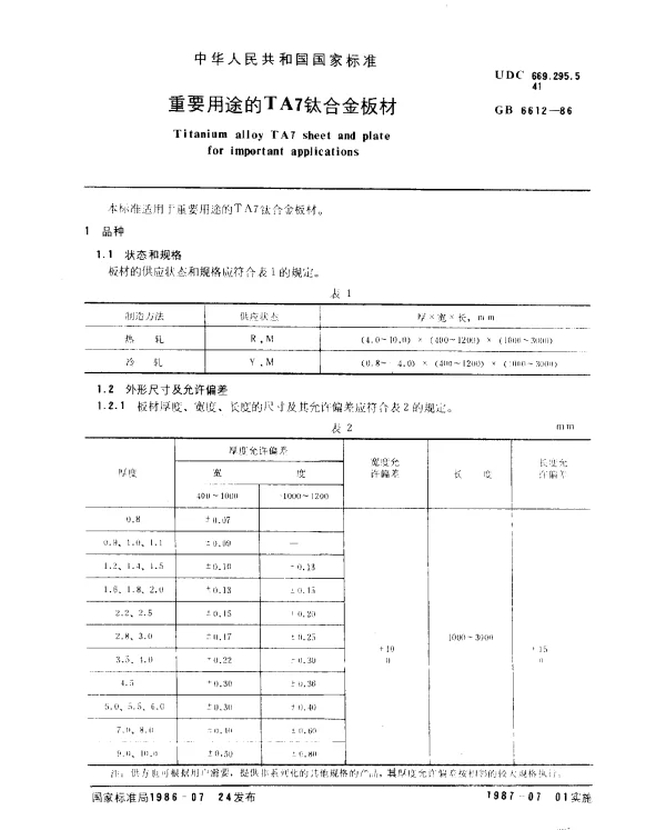 GB 6612-1986 重要用途的TA7钛合金板材