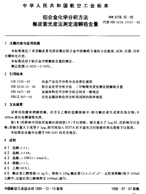HB 5218.16-1995 铝合金化学分析方法.槲皮素光度法测定溶解锆含量