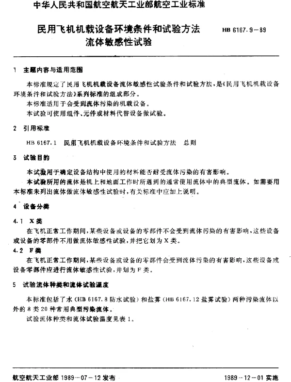 HB 6167.9-1989 民用飞机机载设备环境条件和试验方法 流体敏感性试验
