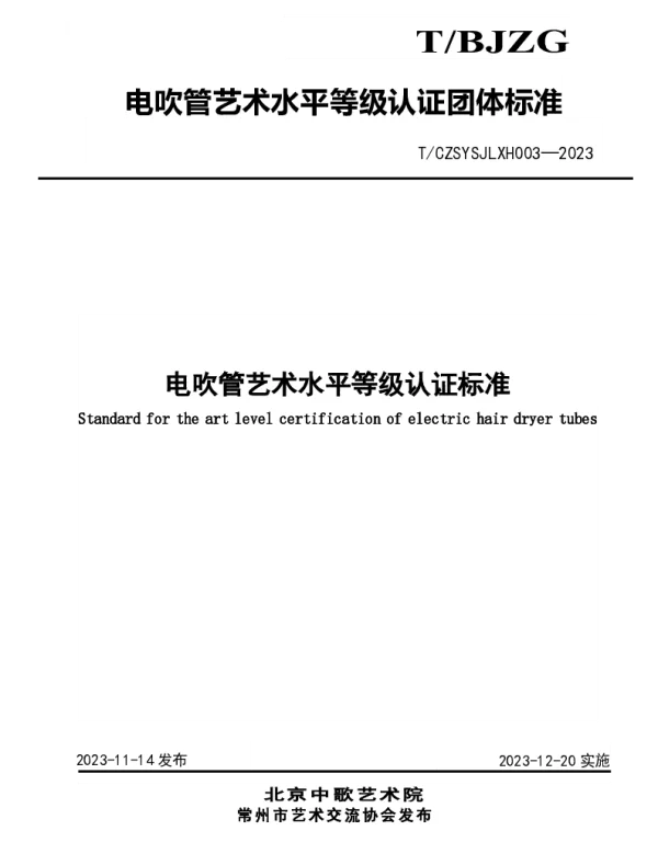 TCZSYSJLXH 003-2023 电吹管艺术水平等级认证