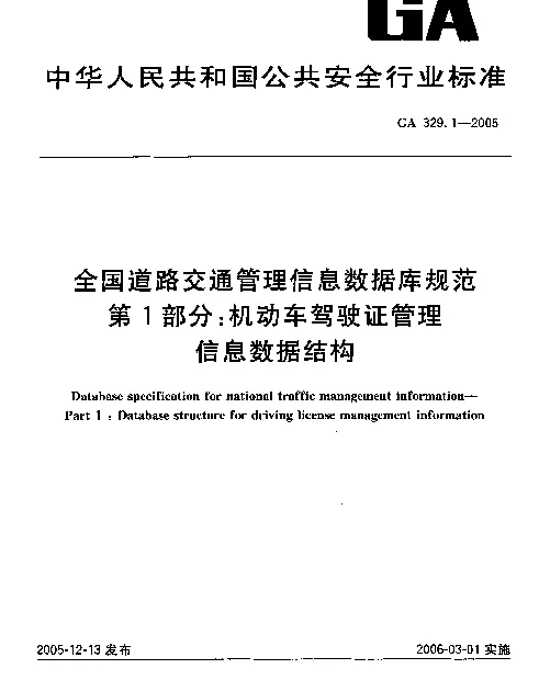 GA 329.1-2005 全国道路交通管理信息数据库规范.第1部分：机动车驾驶证管理信息数据结构