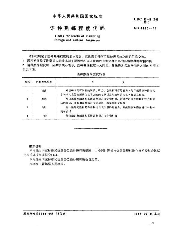 GB 6865-1986 语种熟练程度代码