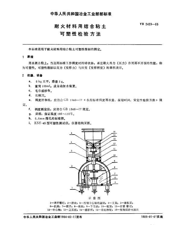 YB 2429-83 耐火材料用结合粘土可塑性检验方法