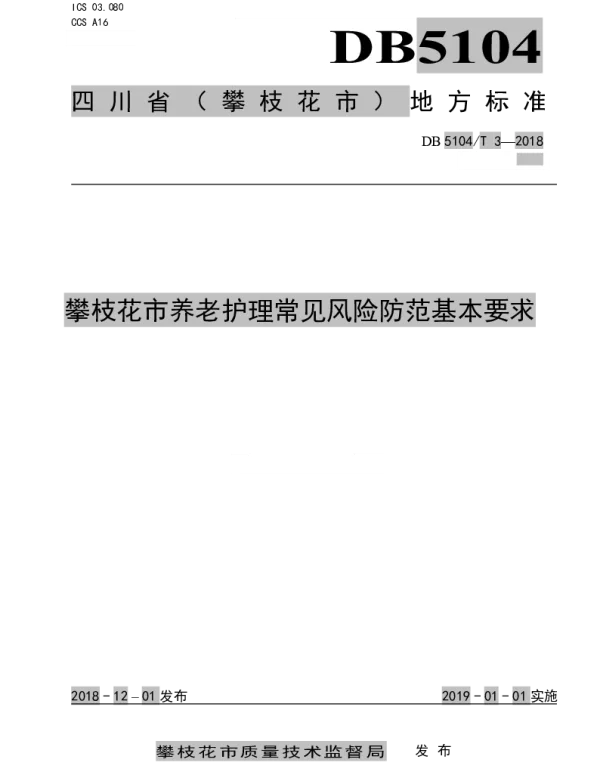 DB5104T 3-2018 攀枝花市养老护理常见风险防范基本要求