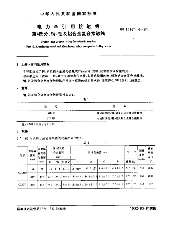 GB12971.4-1991电力牵引用接触线第四部分：钢、铝及铝合金复合接触线