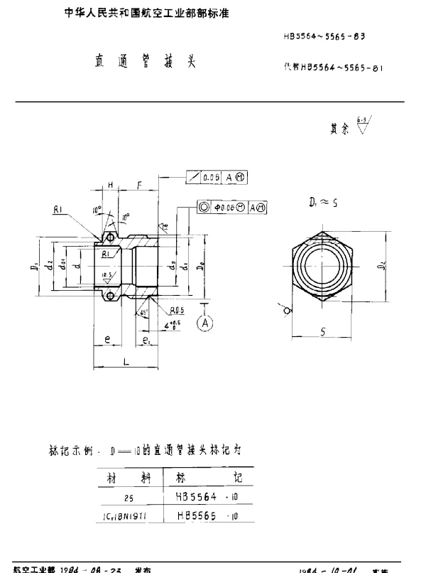 HB 5564~5565-1983 直通管接头