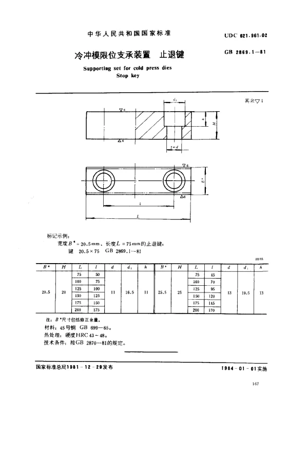GB 2869.1-1981 冷冲模限位支承装置 止退键