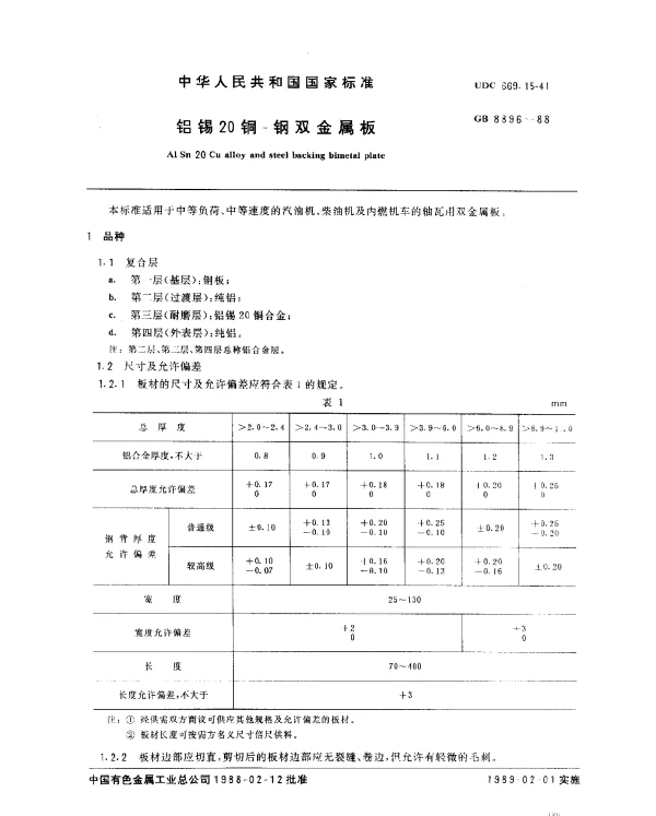 GB 8896-1988 铝锡20铜-钢双金属板