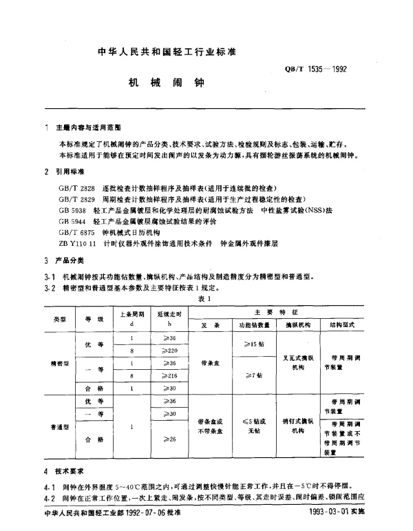 QBT 1535-1992 机械闹钟