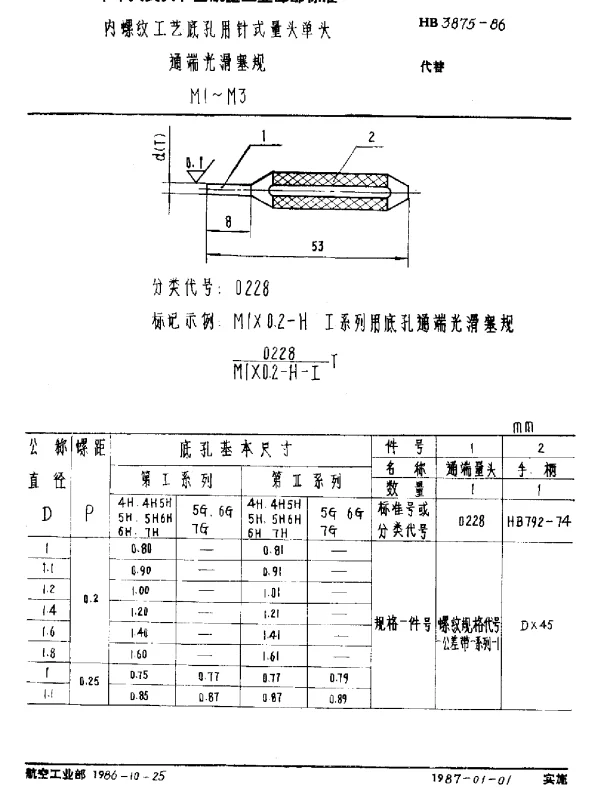 HB 3875-1986 内螺纹工艺底孔用针式量头单头.通端光滑塞规.M1~M3