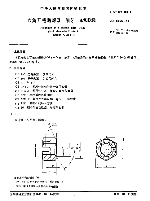GB 9459-1988 六角开槽薄螺母 细牙 A和B级