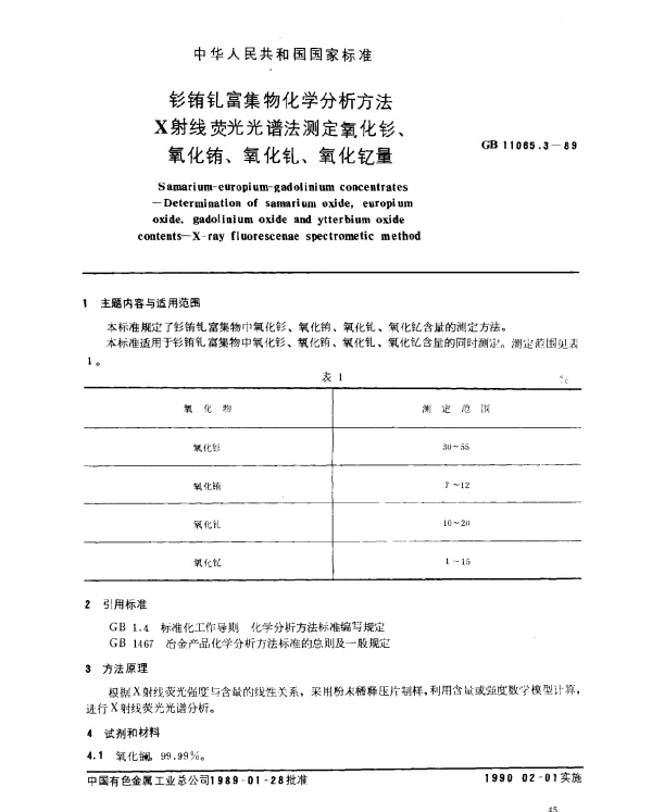 GB 11065.3-1989 钐铕钆富集物化学分析方法X射线荧光光谱法测定氧化钐、氧化铕、氧化钆和氧化钇量
