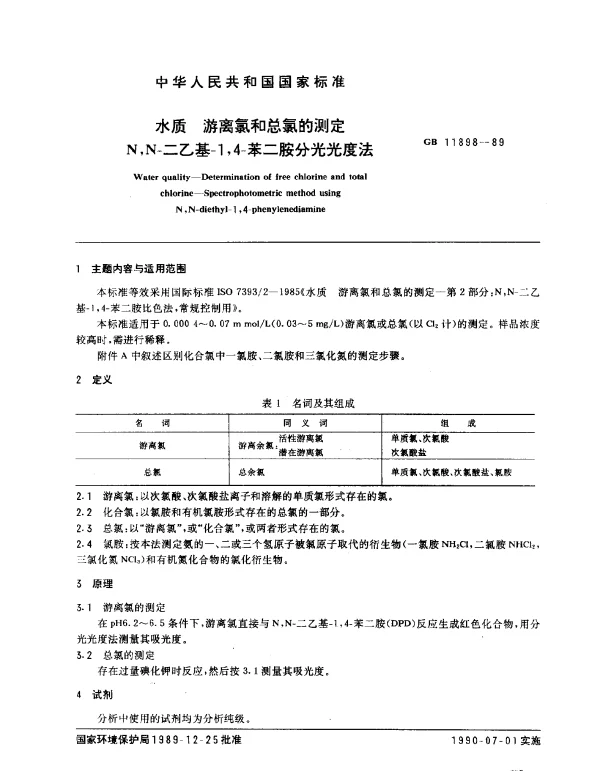 GB 11898-1989 水质 游离氯和总氯的测定 N,N-二乙基-1,4-苯二胺分光光度法