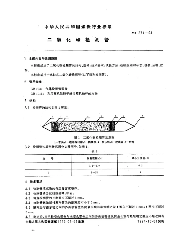 MT 274-1994 二氧化碳检测管
