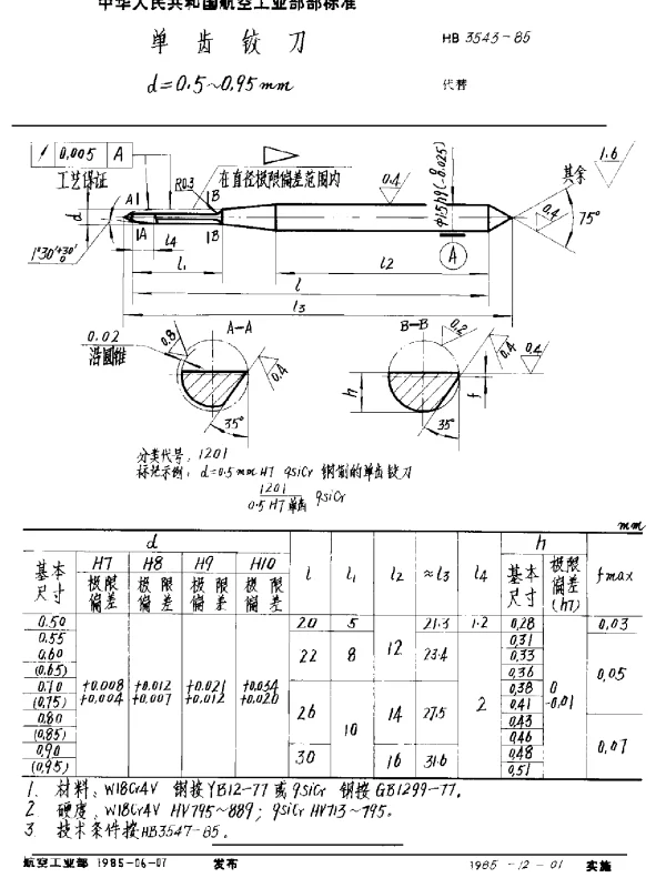 HB 3543-1985 单齿铰刀 d=0.5~0.95mm