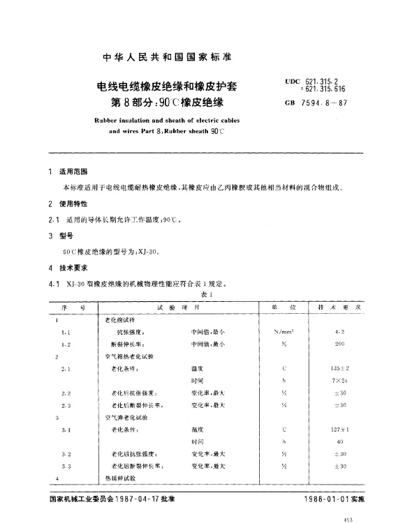GB 7594.8-1987 电线电缆橡皮绝缘和橡皮护套 第8部分：90℃橡皮绝缘