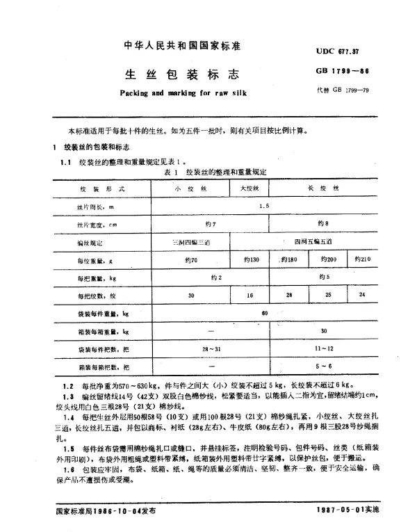 GB 1799-1986 生丝包装标志