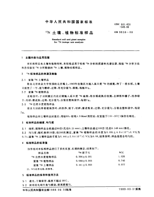 GB 9838-1988 15N土壤、植物标准样品