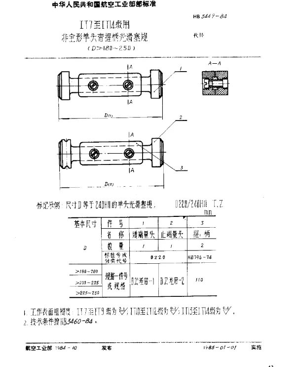 HB 3449-1984 IT7至IT14级用非全形单头带握柄光滑塞规(D180~250)