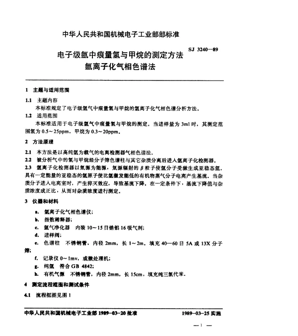 SJ 3240-1989 电子级氩中痕量氢与甲烷的测定方法.氩离子化气相色谱法