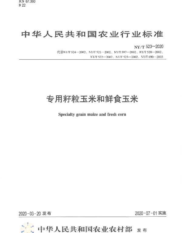 NYT 523-2020 专用籽粒玉米和鲜食玉米