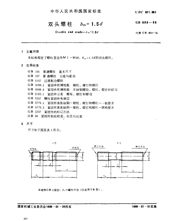 GB 899-1988 双头螺柱 b,m=1.5d