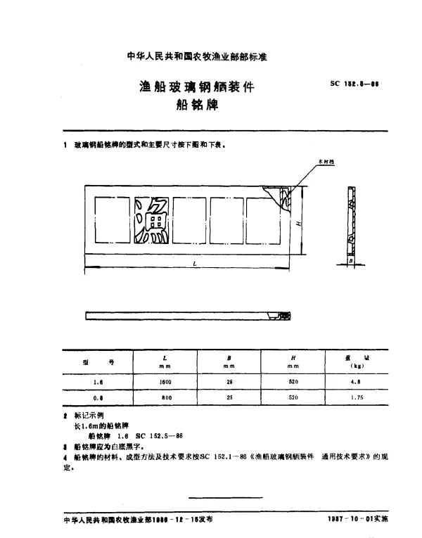 SC 152.5-1986 渔船玻璃钢舾装件 船铭牌