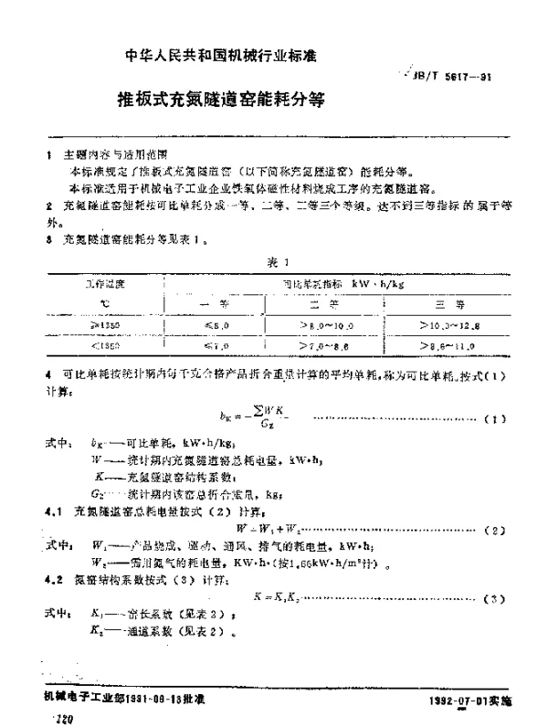 JBT 5617-1991 推板式充氮隧道窑 能耗分等