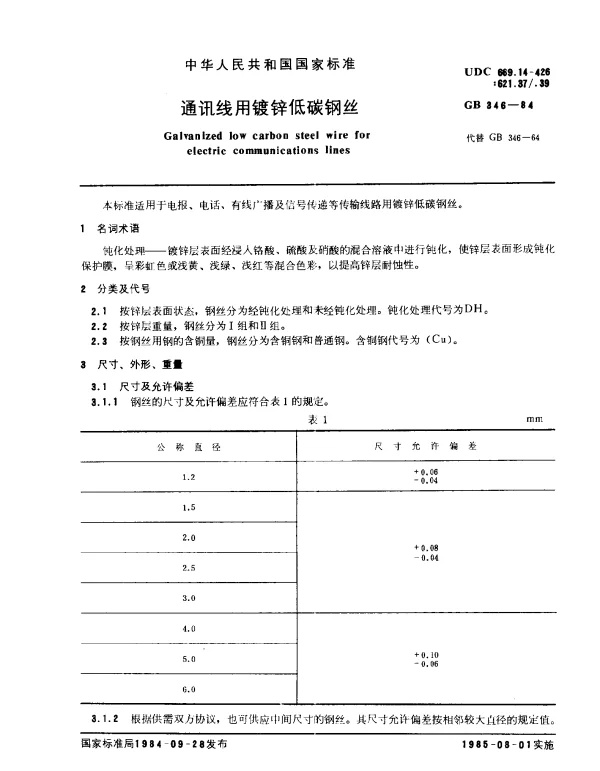 GB 346-1984 通讯线用镀锌低碳钢丝