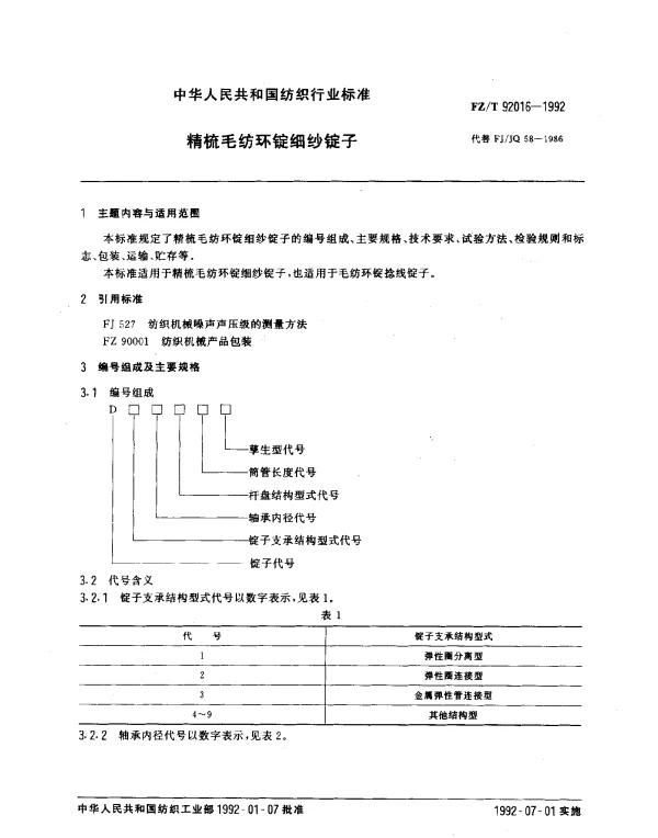 FZT 92016-1992 精梳毛纺环锭细纱锭子