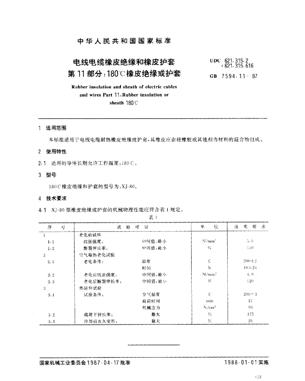 GB 7594.11-1987 电线电缆橡皮绝缘和橡皮护套 第11部分：180℃橡皮绝缘或护套