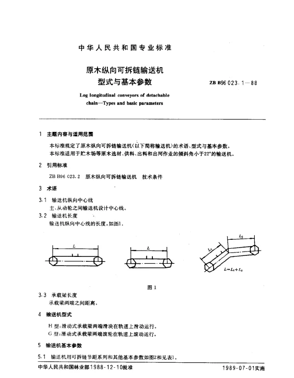 ZB B96 023.1-1988 原木纵向可拆链输送机型式与基本参数