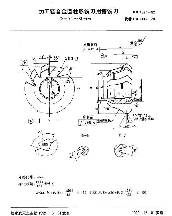 HB 4597-1992 加工轻合金圆柱形铣刀用槽铣刀.D=71~80mm
