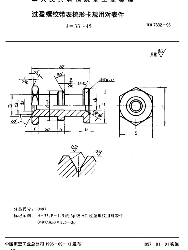 HB 7332-1996 过盈螺纹带表梳形卡规用对表件.d=33~45