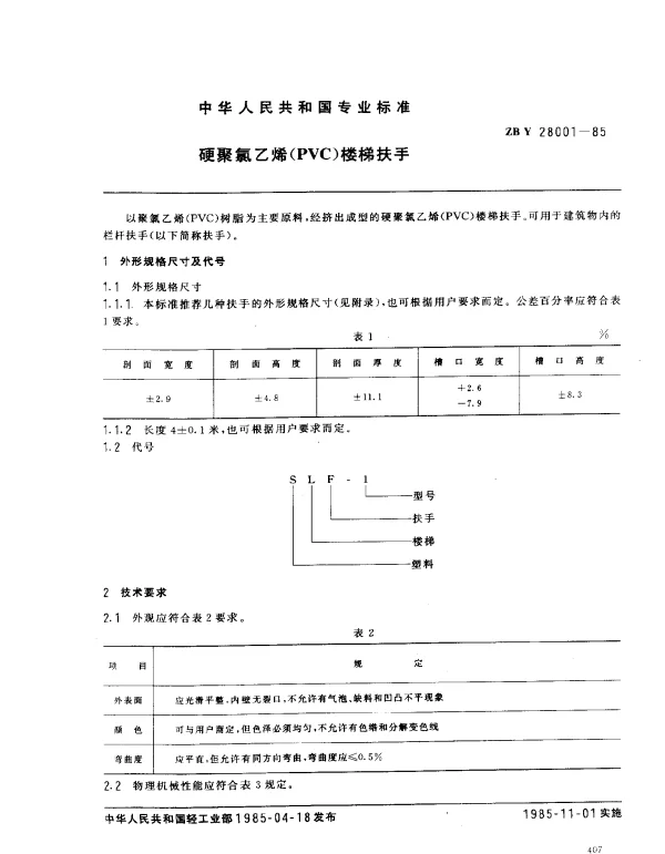 ZB Y 28001-1985 硬聚氯乙烯（PVC）楼梯扶手