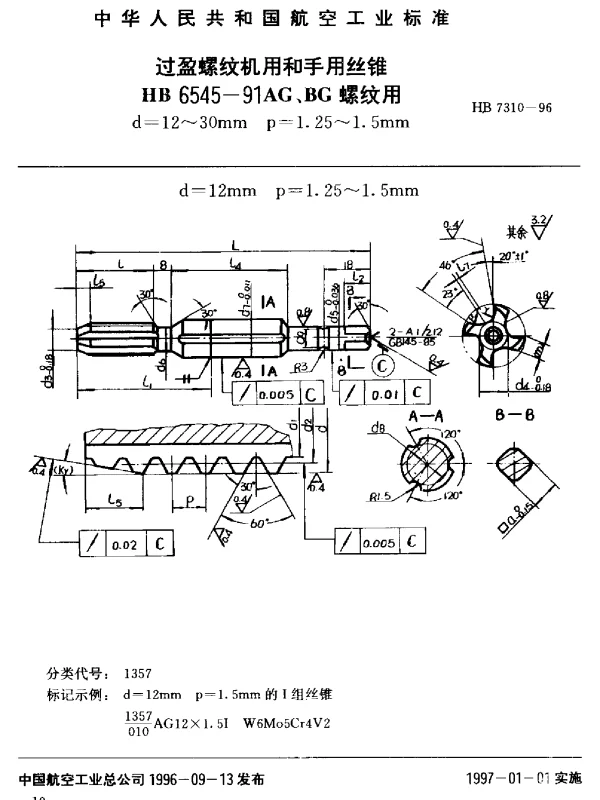 HB 7310-1996 过盈螺纹机用和手用丝锥.HB 6545-91AG、BG螺纹用d=12~30 p=1.25~1.5mm