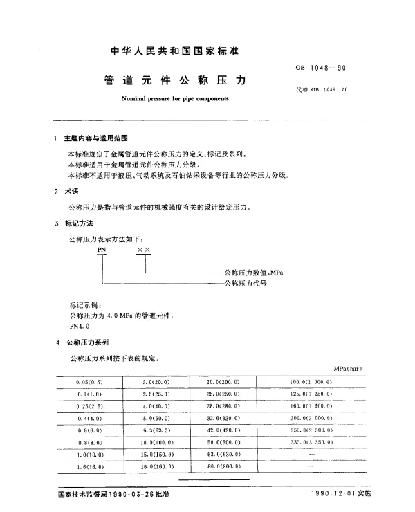 GB 1048-1990 管道元件公称压力