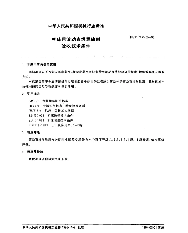 JBT 7175.2-1993 机床用滚动直线导轨副验收技术条件