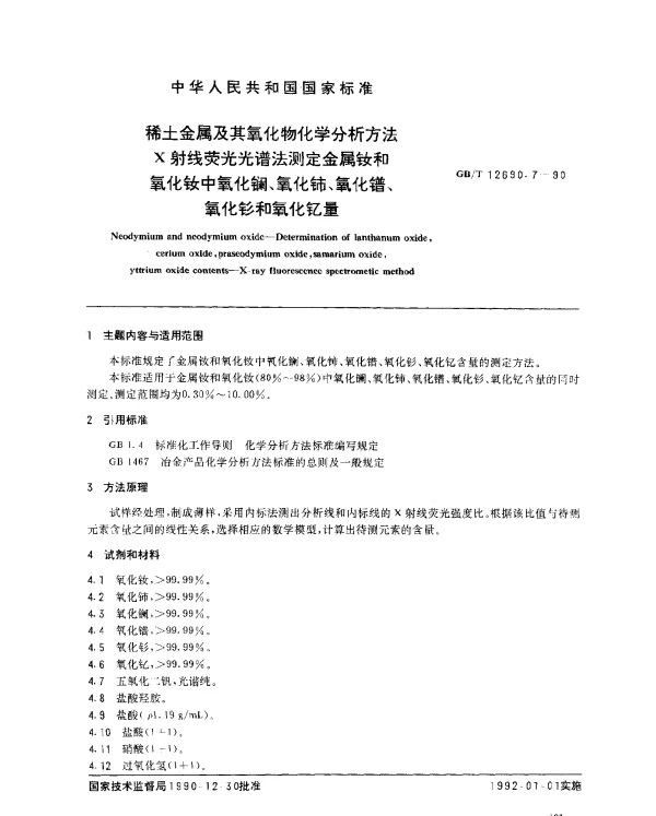 GBT 12690.7-1990 稀土金属及其氧化物化学分析方法 X射线荧光光谱法测定金属钕和氧化钕中氧化镧、氧化铈、氧化镨、氧化钐和氧化钇量