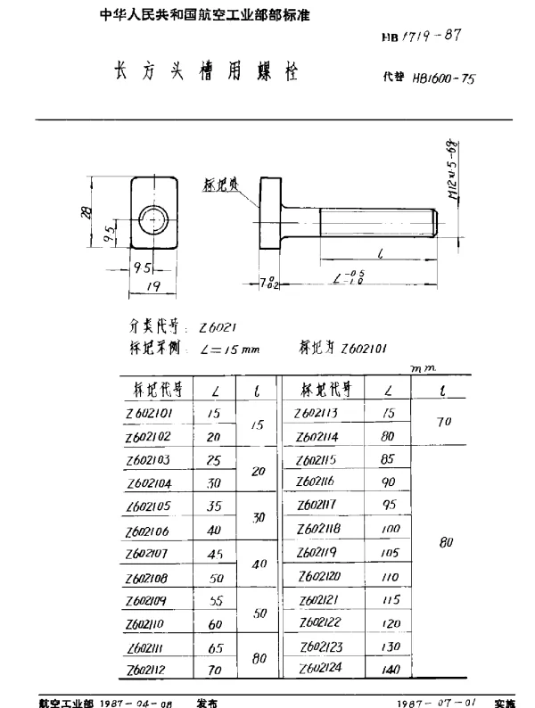 HB 1719-1987 长方头槽用螺栓