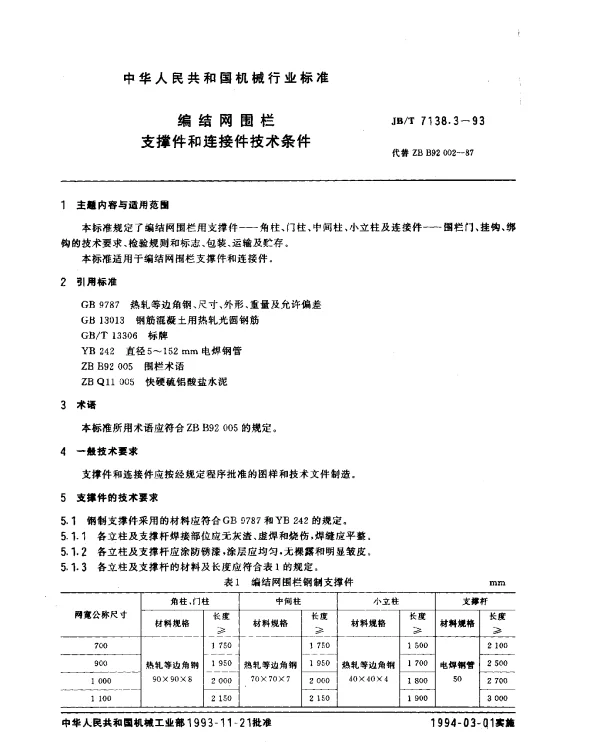 JBT 7138.3-1993 编结网围栏.支撑件和连接件技术条件
