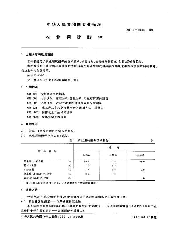 ZB G 21006-1989 农业用硫酸钾