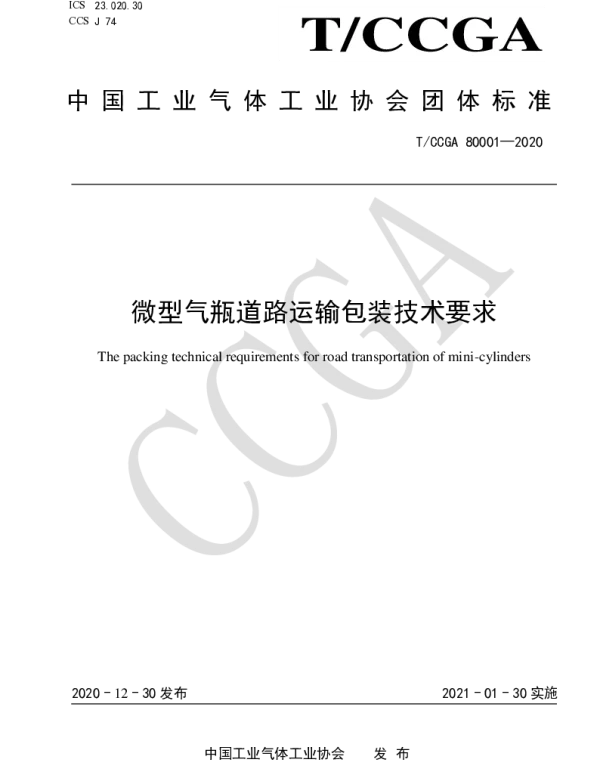 TCCGA 80001-2020 微型气瓶道路运输包装技术要求
