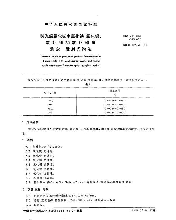 GB 8762.4-1988 荧光级氧化钇中氧化铁、氧化铅、氧化镍和氧化铜量测定 发射光谱法