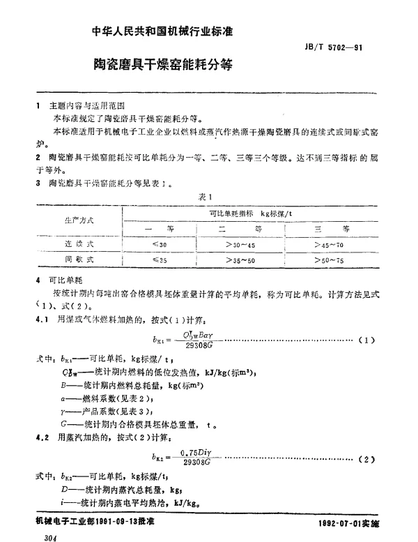 JBT 5702-1991 陶瓷磨具干燥窑 能耗分等