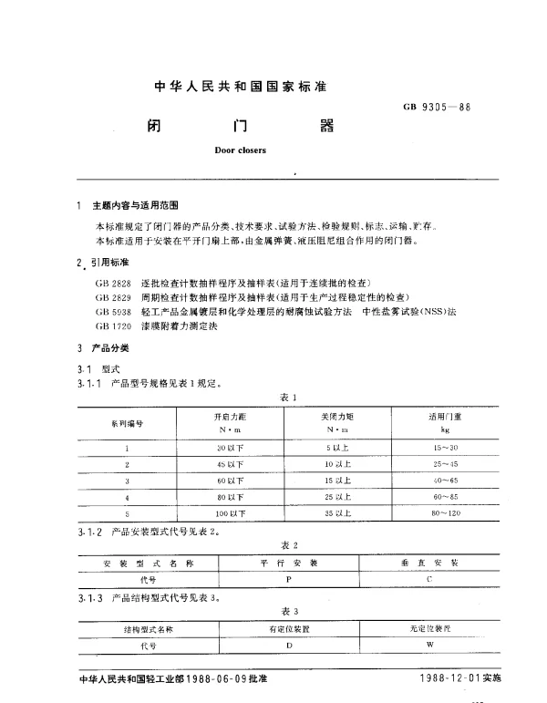 GB 9305-1988 闭门器
