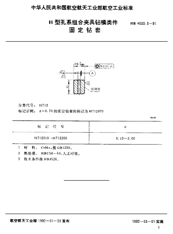 HB 4533.3-1991 H型孔系组合夹具钻模类件.固定钻套