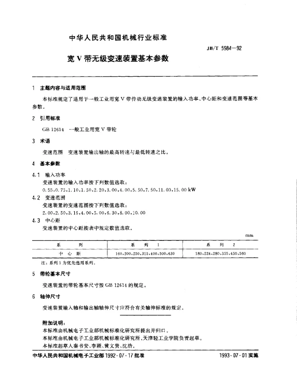 JBT 5984-1992 宽V带无级变速装置基本参数